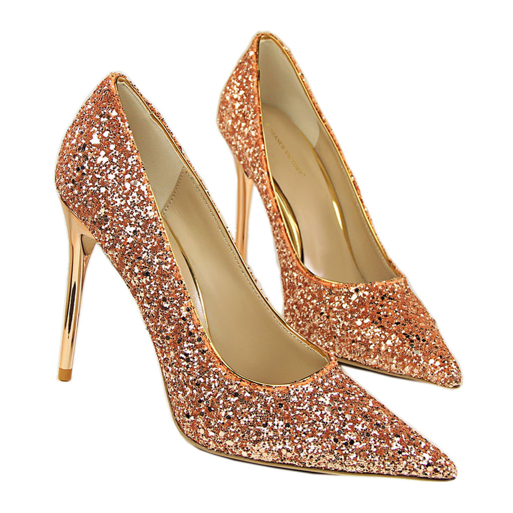 ROMANCE VICTORY Women's Shiny Sequins Pointed Toe Stiletto High Heels Pumps Wedding Party Prom Shoes
