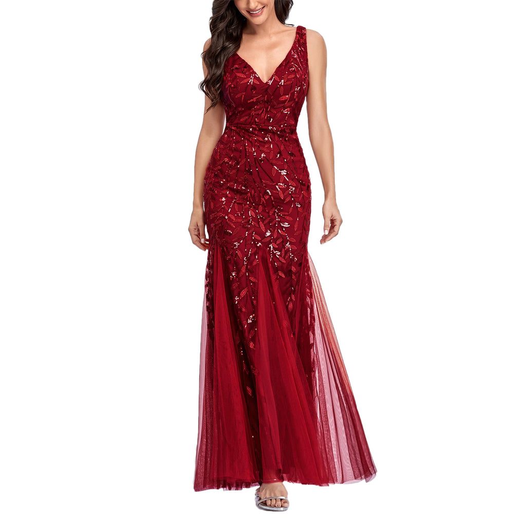 ROMANCE VICTORY Women's Sleeveless V-neck Tulle Embroidery Sequins Cocktail Mermaid Bridesmaid Dress