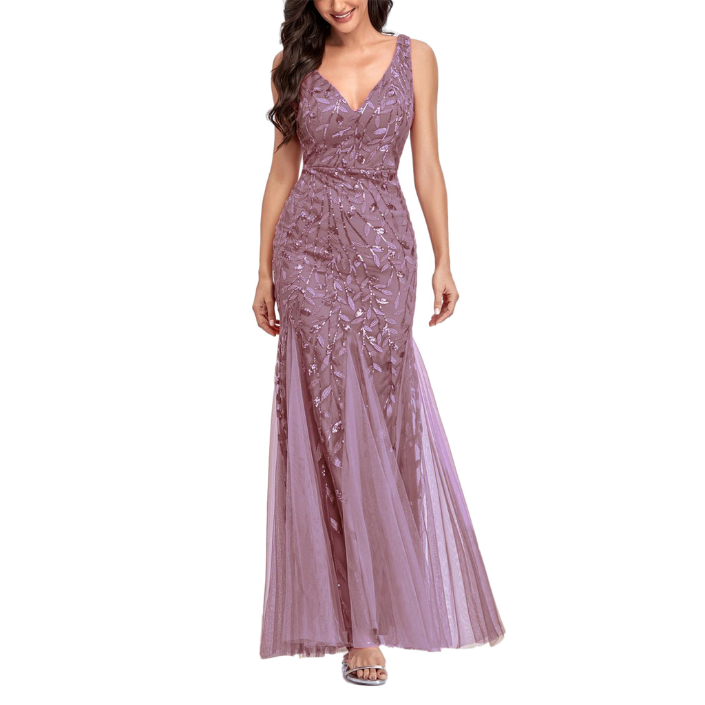 ROMANCE VICTORY Women's Sleeveless V-neck Tulle Embroidery Sequins Cocktail Mermaid Bridesmaid Dress