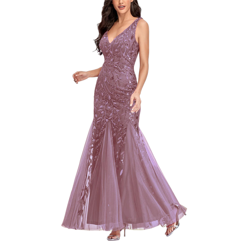 ROMANCE VICTORY Women's Sleeveless V-neck Tulle Embroidery Sequins Cocktail Mermaid Bridesmaid Dress