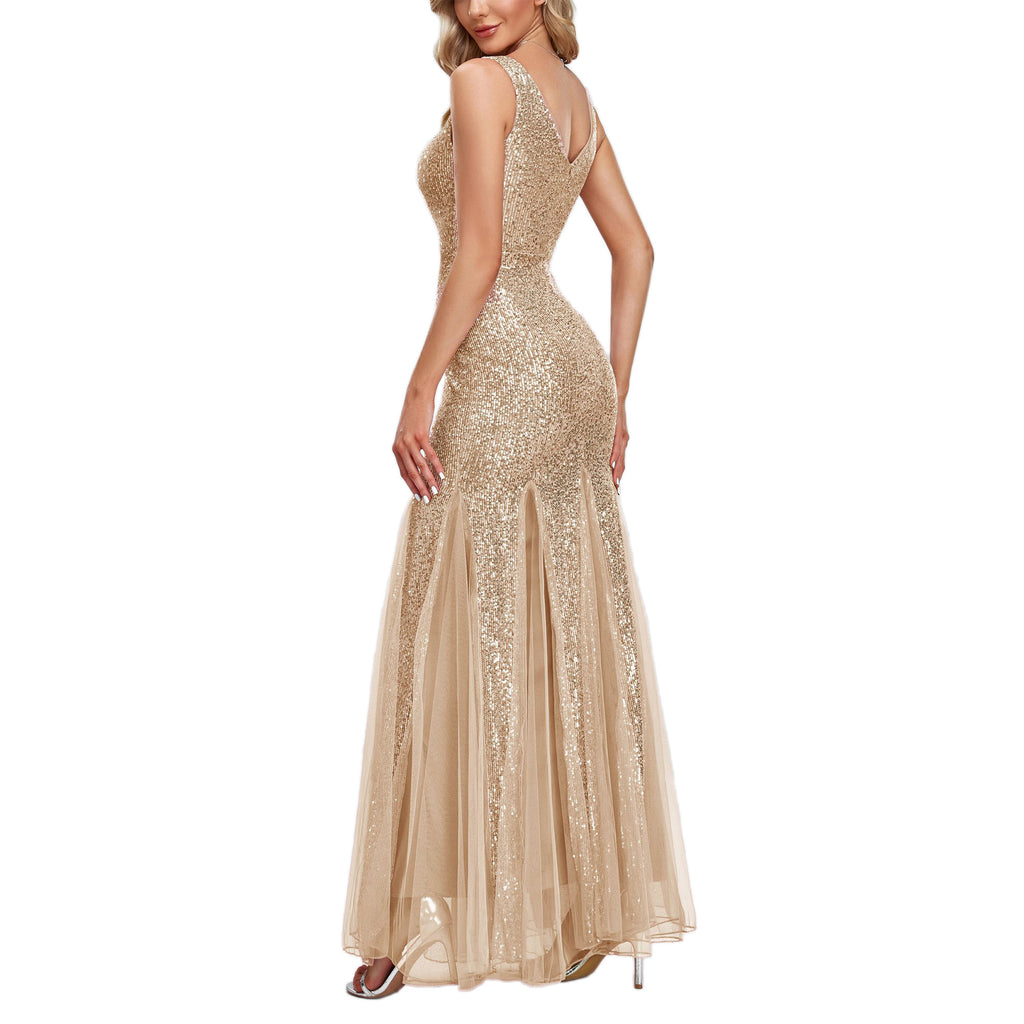 ROMANCE VICTORY Women's Sexy V-Neck Sleeveless Shinning Sequins Tulle Evening Mermaid Bridesmaid Cocktail Prom Dress