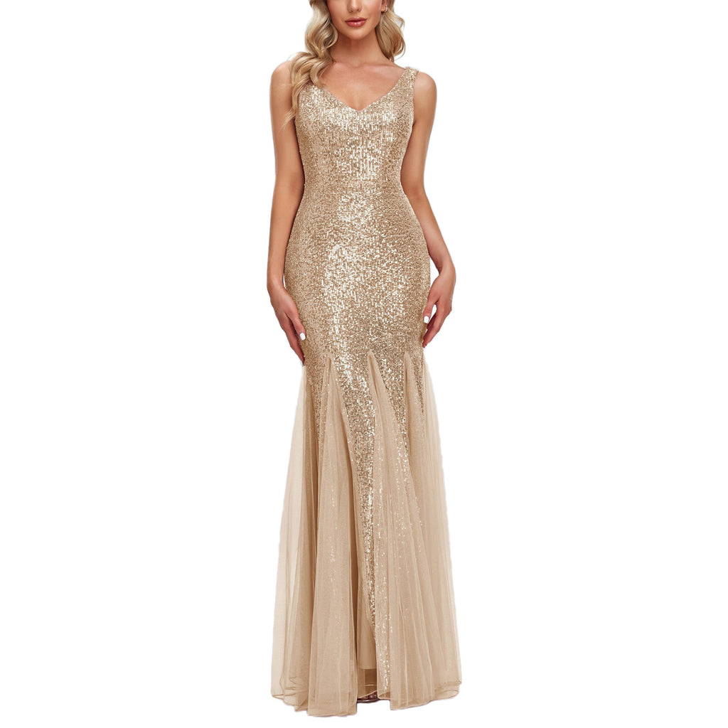 ROMANCE VICTORY Women's Sexy V-Neck Sleeveless Shinning Sequins Tulle Evening Mermaid Bridesmaid Cocktail Prom Dress
