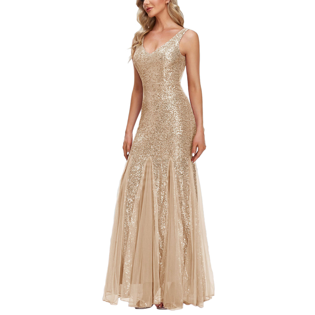 ROMANCE VICTORY Women's Sexy V-Neck Sleeveless Shinning Sequins Tulle Evening Mermaid Bridesmaid Cocktail Prom Dress