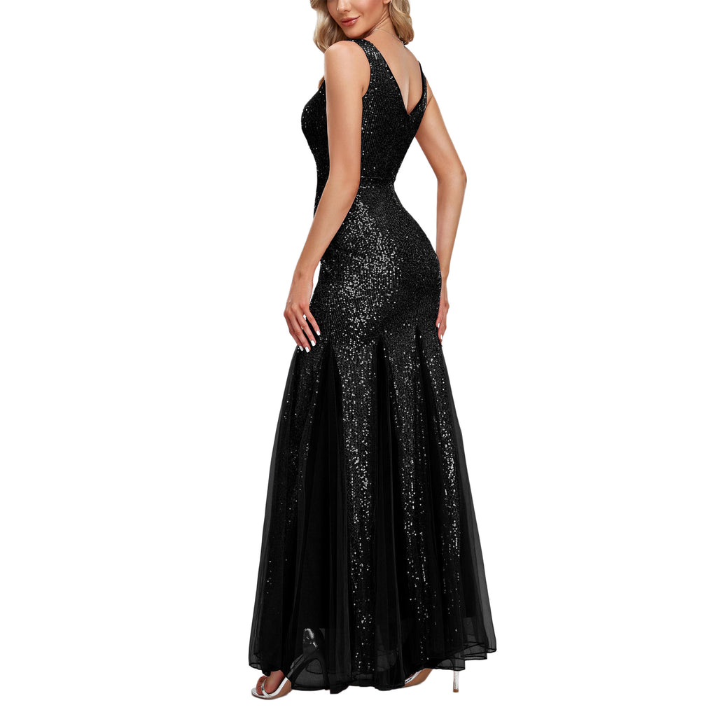 ROMANCE VICTORY Women's Sexy V-Neck Sleeveless Shinning Sequins Tulle Evening Mermaid Bridesmaid Cocktail Prom Dress