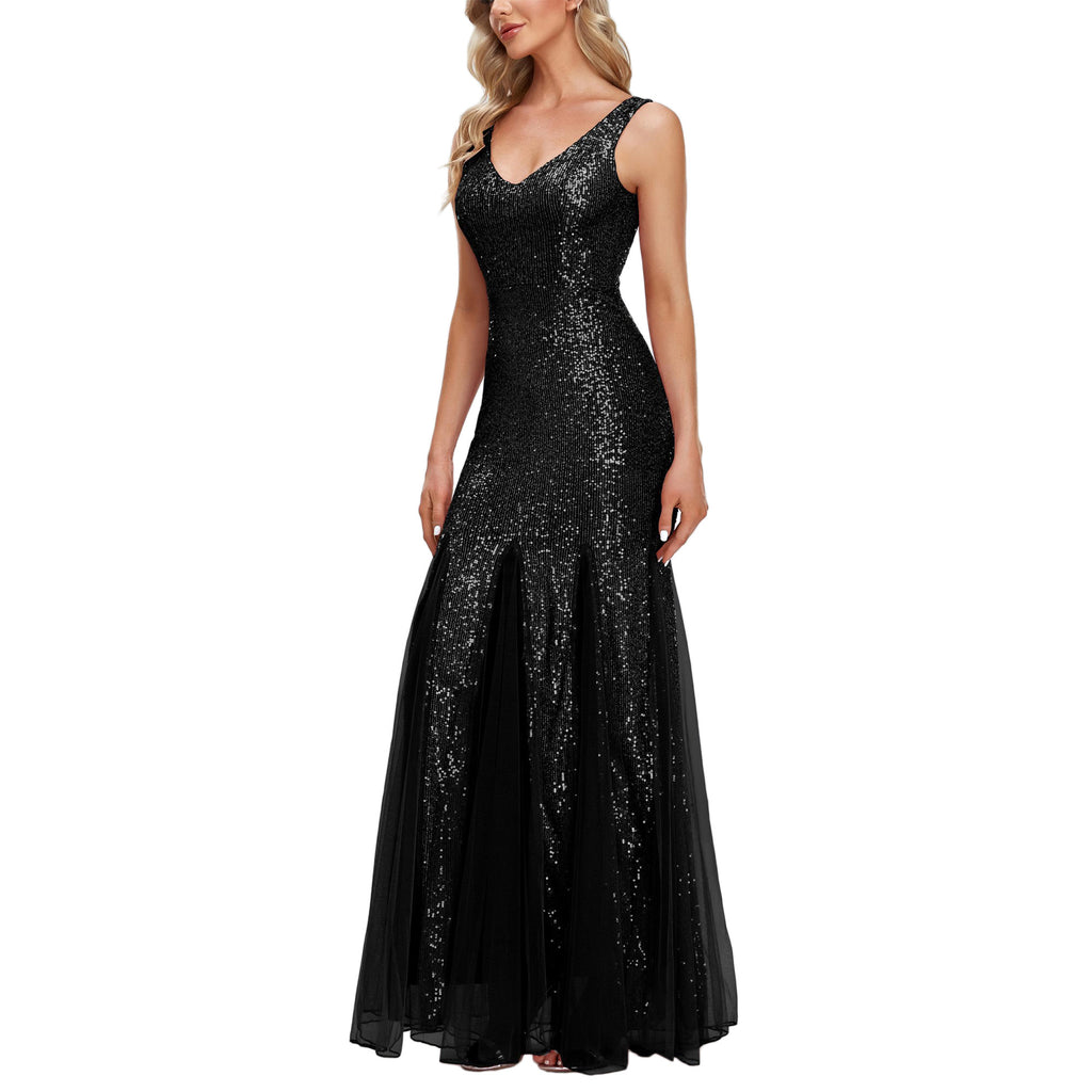 ROMANCE VICTORY Women's Sexy V-Neck Sleeveless Shinning Sequins Tulle Evening Mermaid Bridesmaid Cocktail Prom Dress
