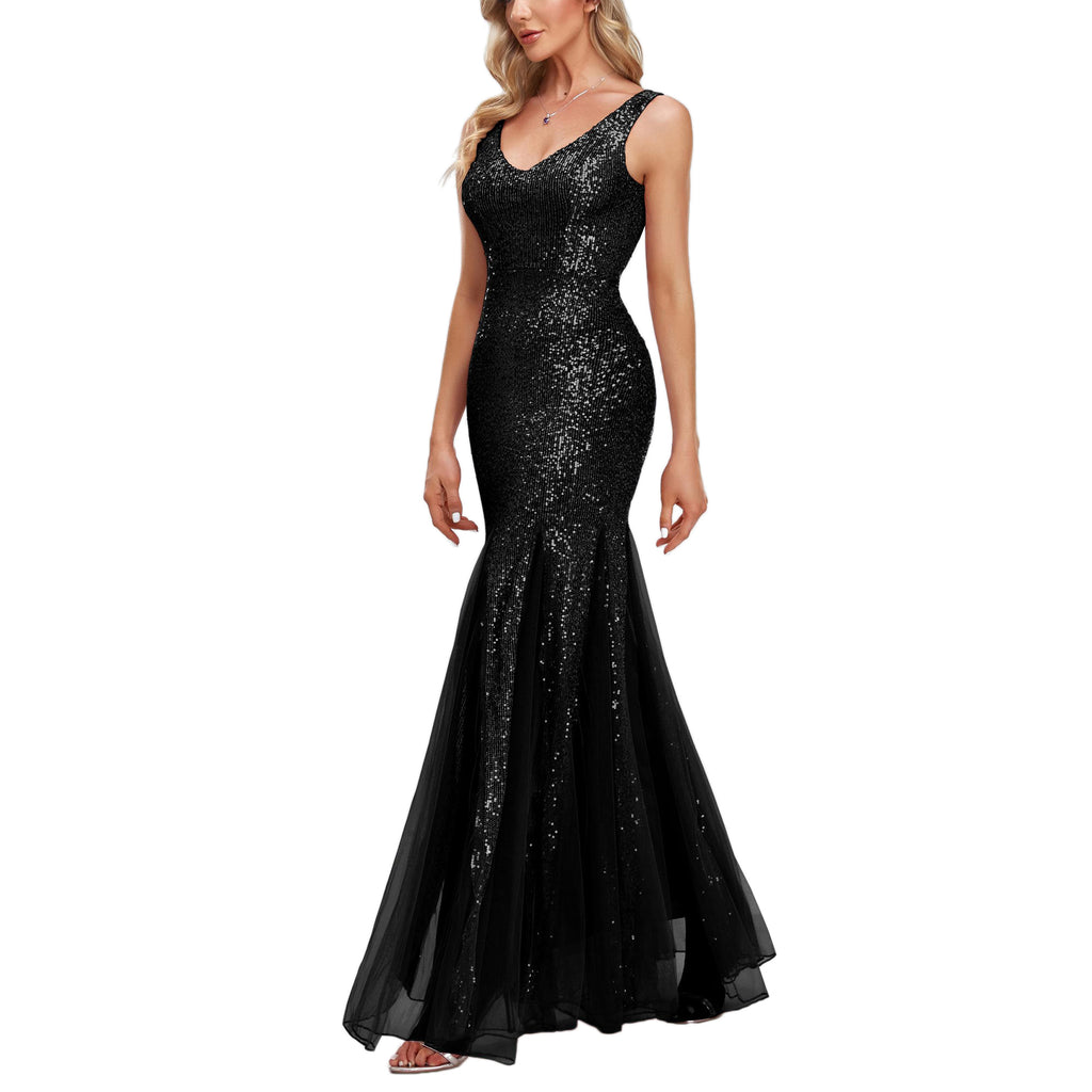 ROMANCE VICTORY Women's Sexy V-Neck Sleeveless Shinning Sequins Tulle Evening Mermaid Bridesmaid Cocktail Prom Dress