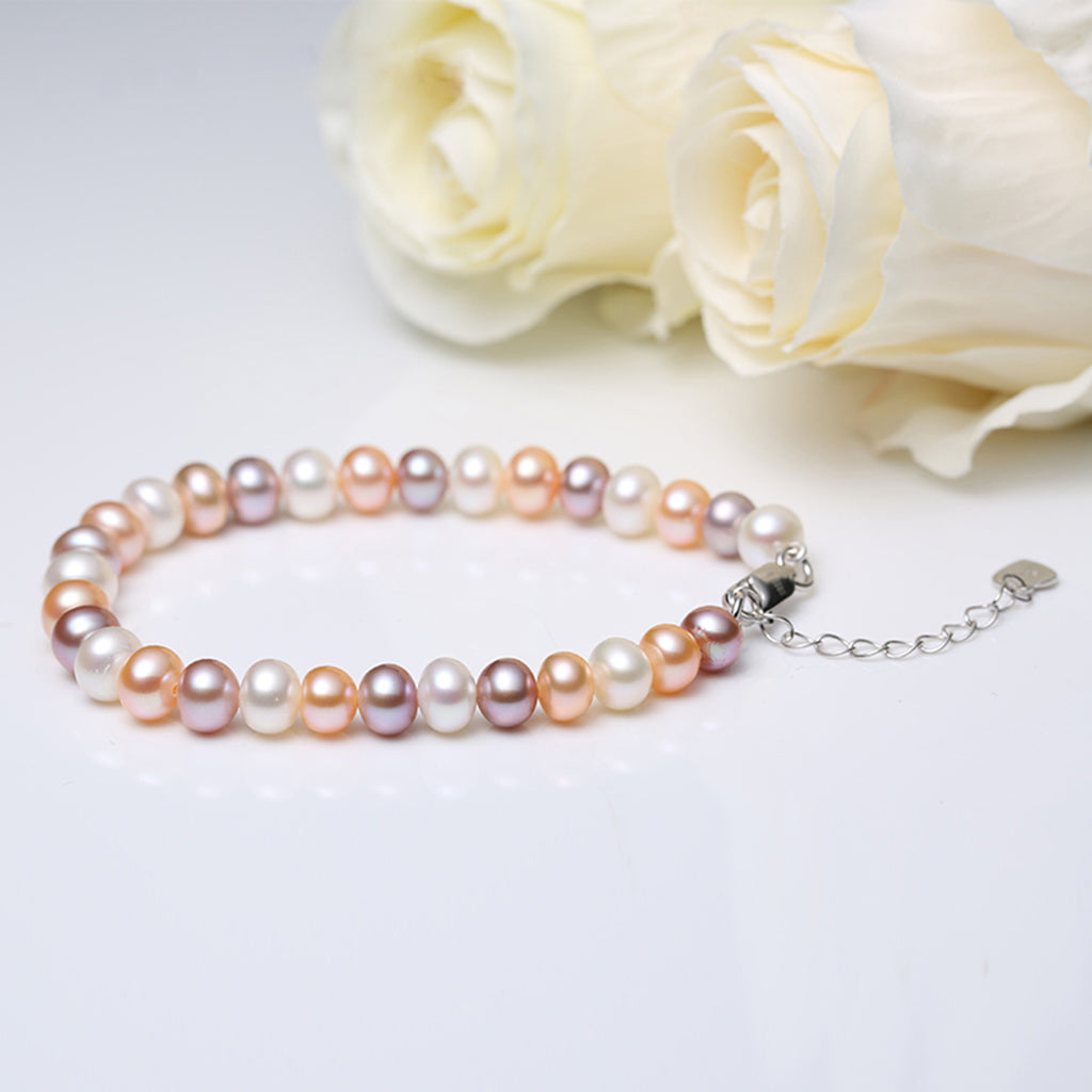 RVLA Multicolored Freshwater Cultured Pearl Bracelet with Sterling Silver Clasp, 8"(6.75"+1.25"extender)
