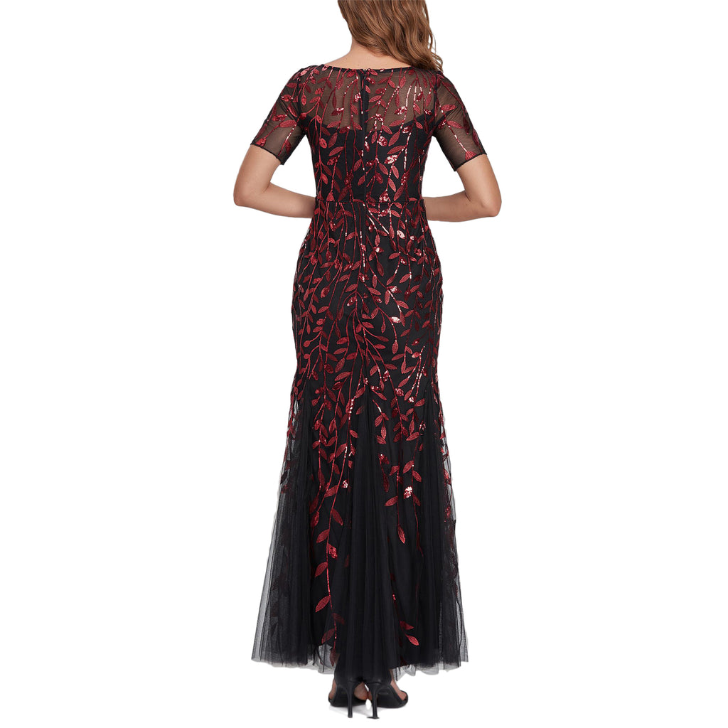 ROMANCE VICTORY Women's Short Sleeve Round Neck Tulle Embroidery Mermaid Bridesmaid Prom Dress