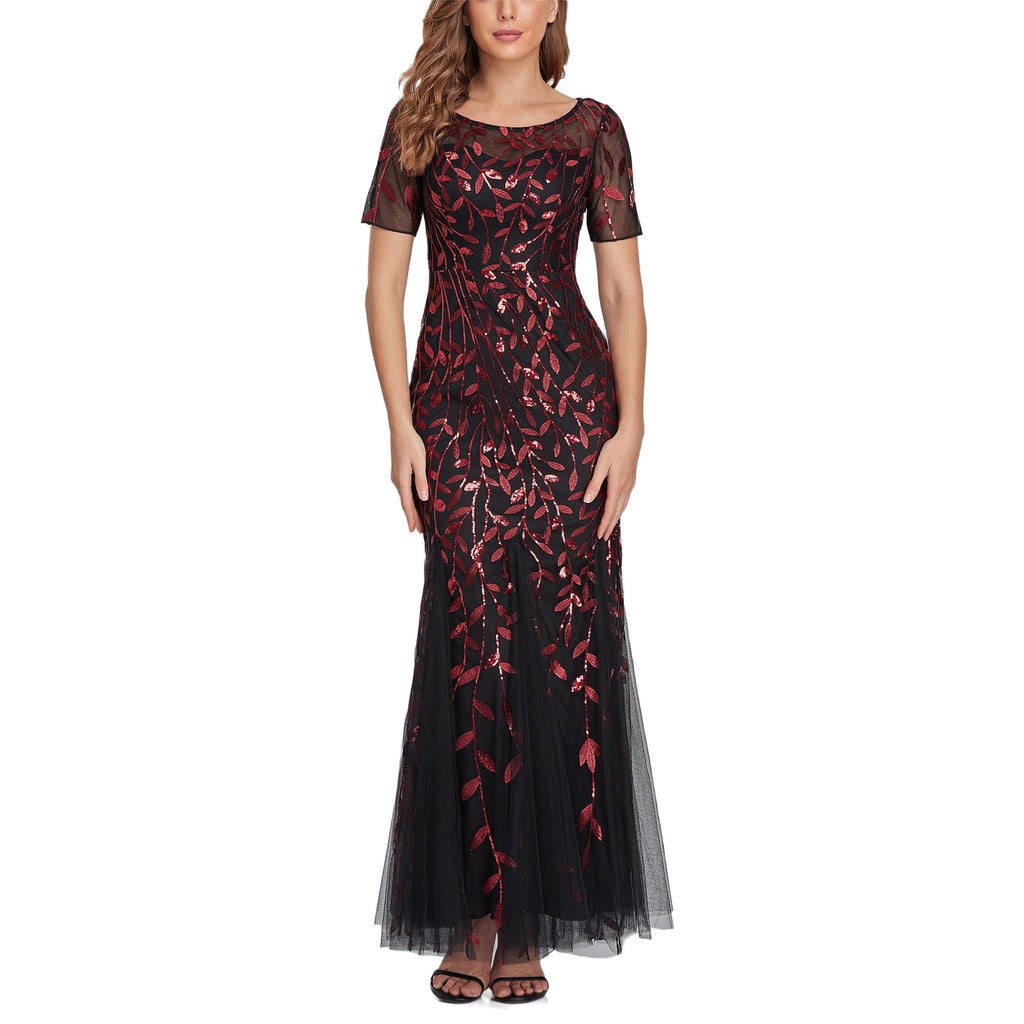 ROMANCE VICTORY Women's Short Sleeve Round Neck Tulle Embroidery Mermaid Bridesmaid Prom Dress