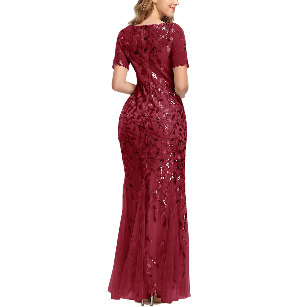 ROMANCE VICTORY Women's Short Sleeve Round Neck Tulle Embroidery Mermaid Bridesmaid Prom Dress