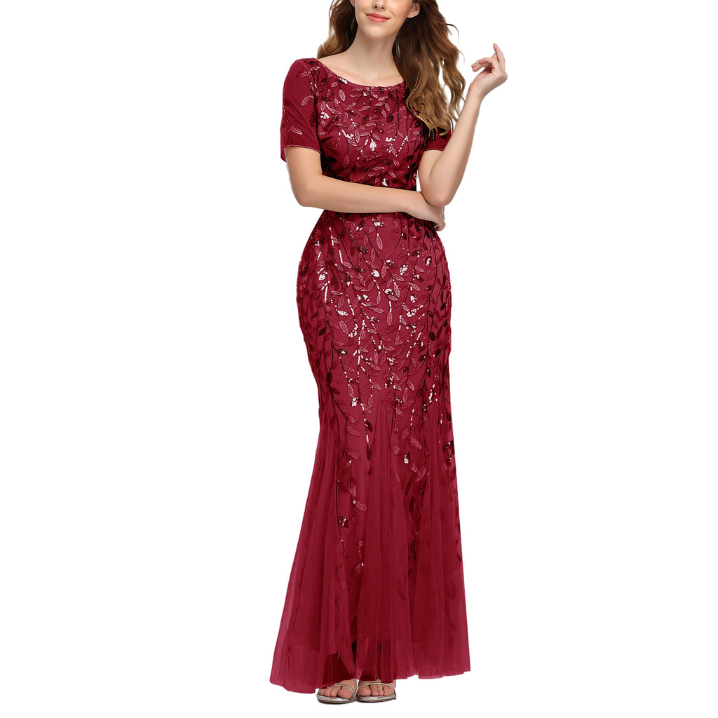 ROMANCE VICTORY Women's Short Sleeve Round Neck Tulle Embroidery Mermaid Bridesmaid Prom Dress
