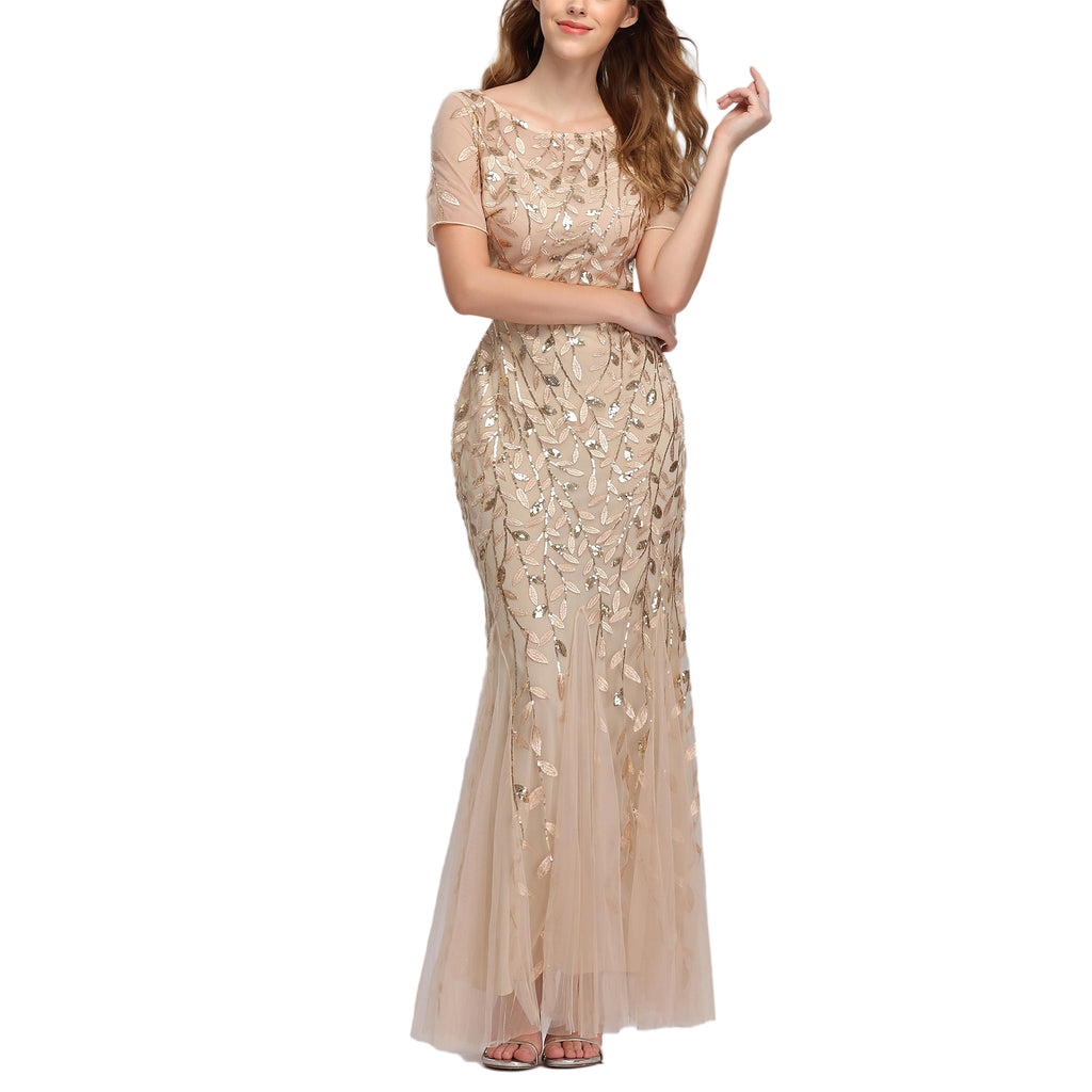 ROMANCE VICTORY Women's Short Sleeve Round Neck Tulle Embroidery Mermaid Bridesmaid Prom Dress