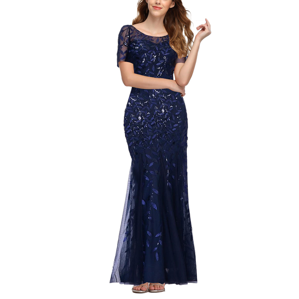 ROMANCE VICTORY Women's Short Sleeve Round Neck Tulle Embroidery Mermaid Bridesmaid Prom Dress