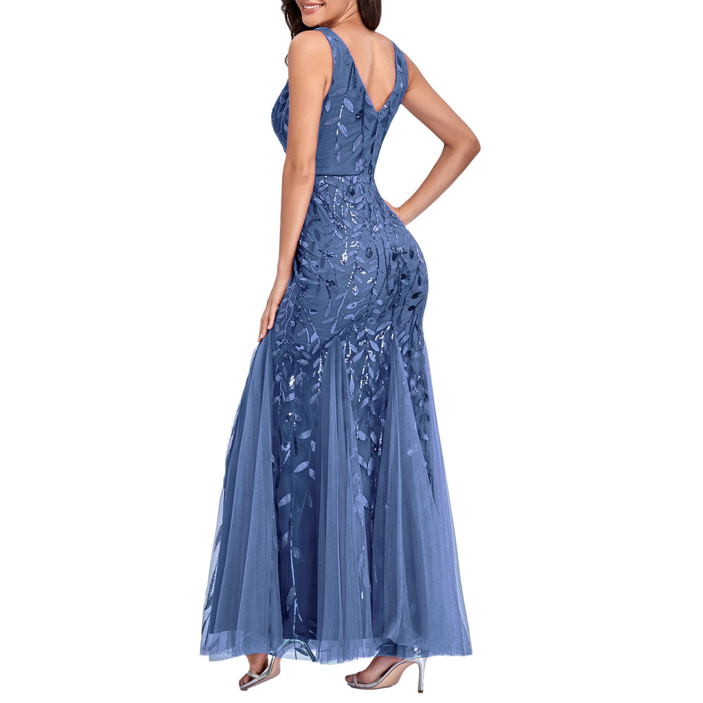 ROMANCE VICTORY Women's Sleeveless V-neck Tulle Embroidery Sequins Cocktail Mermaid Bridesmaid Dress
