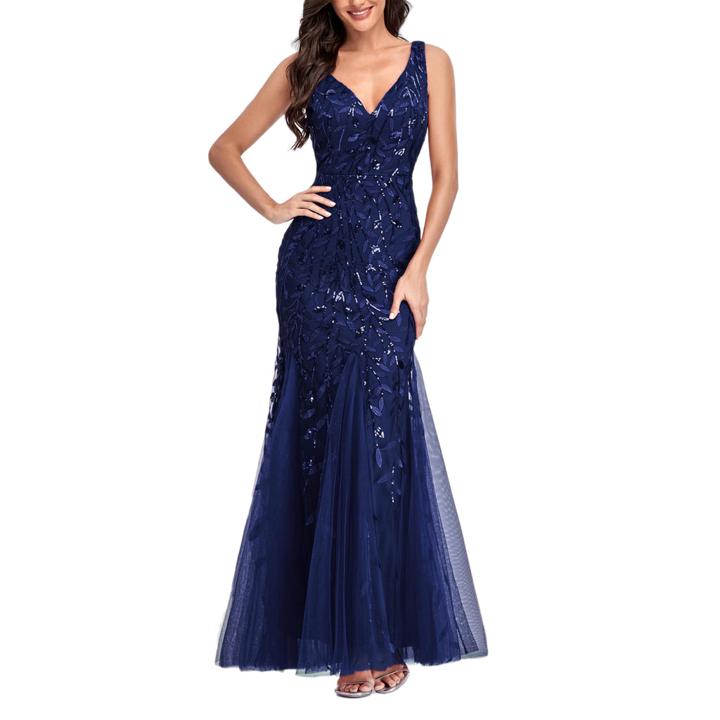 ROMANCE VICTORY Women's Sleeveless V-neck Tulle Embroidery Sequins Cocktail Mermaid Bridesmaid Dress