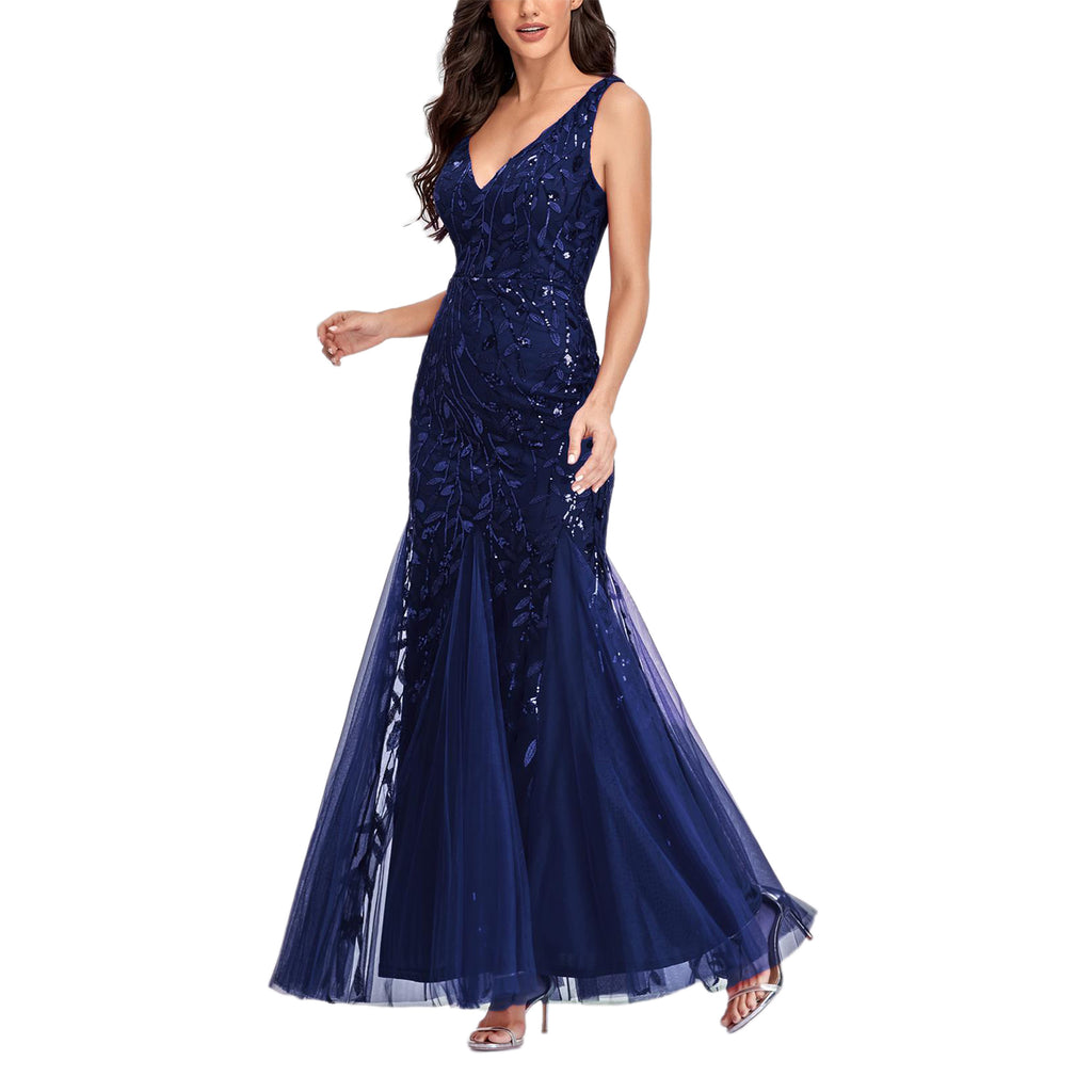 ROMANCE VICTORY Women's Sleeveless V-neck Tulle Embroidery Sequins Cocktail Mermaid Bridesmaid Dress
