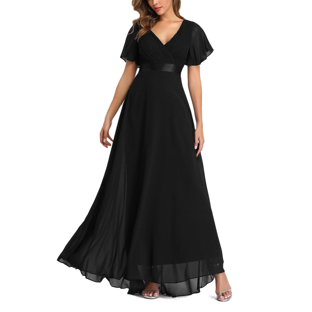 ROMANCE VICTORY Women's Short Sleeve V Neck Floor-length Empire Waist Bridesmaid Prom Dress