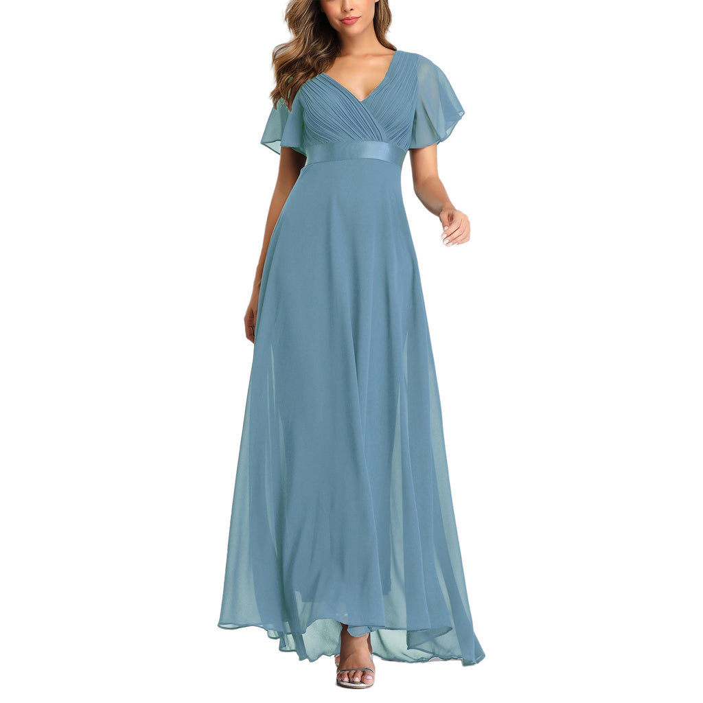 ROMANCE VICTORY Women's Short Sleeve V Neck Floor-length Empire Waist Bridesmaid Prom Dress