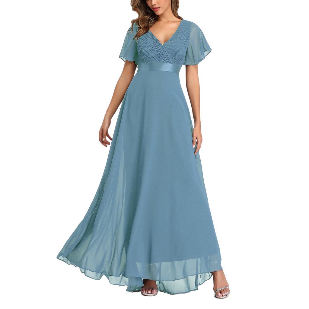 ROMANCE VICTORY Women's Short Sleeve V Neck Floor-length Empire Waist Bridesmaid Prom Dress