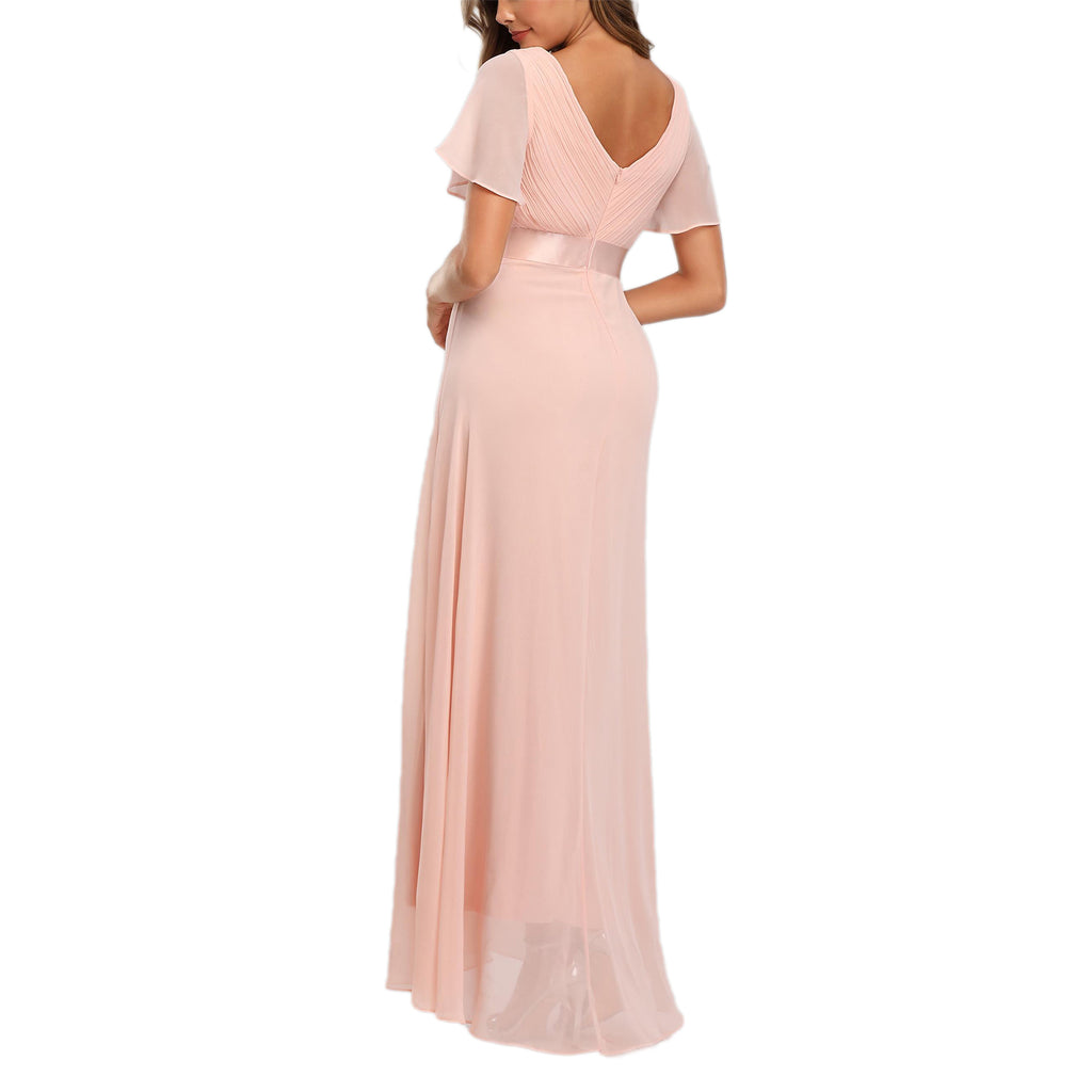 ROMANCE VICTORY Women's Short Sleeve V Neck Floor-length Empire Waist Bridesmaid Prom Dress