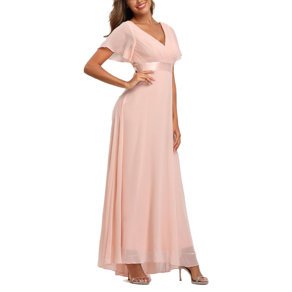 ROMANCE VICTORY Women's Short Sleeve V Neck Floor-length Empire Waist Bridesmaid Prom Dress