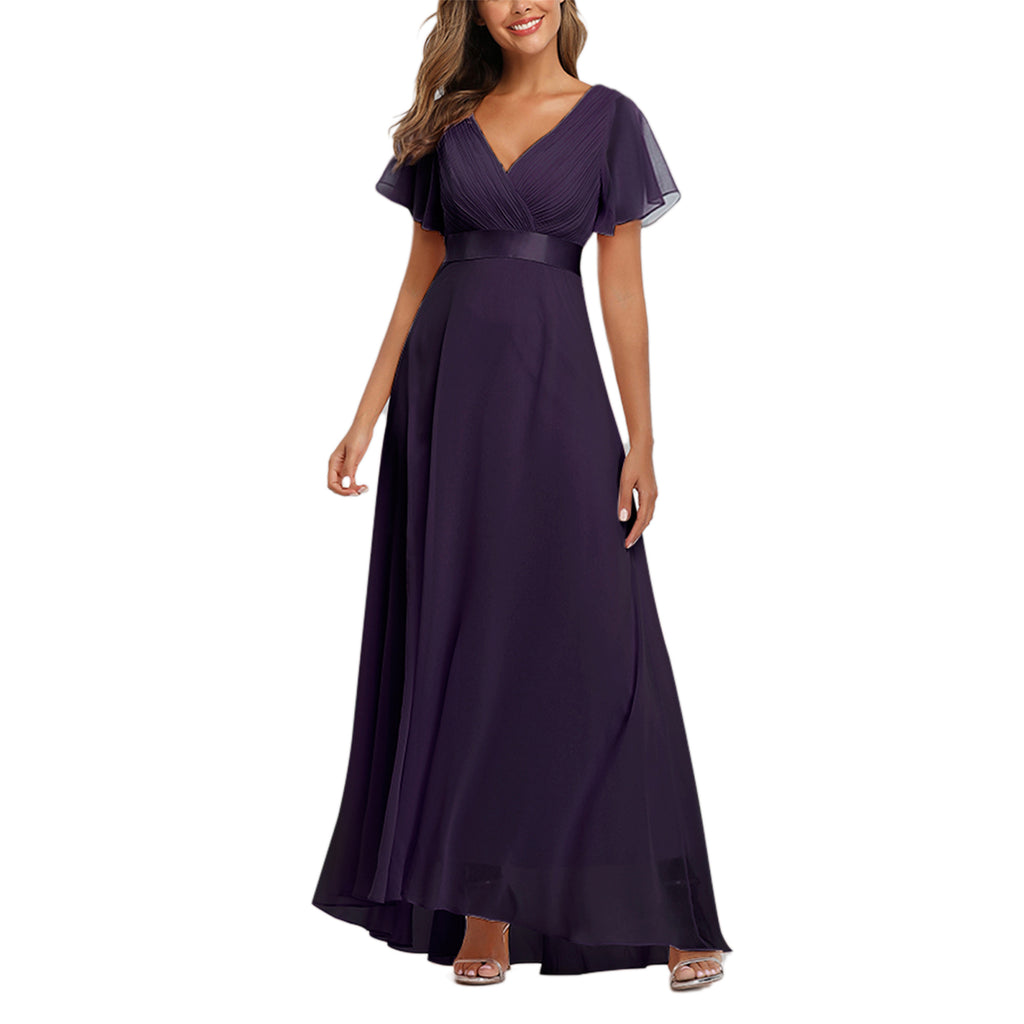 ROMANCE VICTORY Women's Short Sleeve V Neck Floor-length Empire Waist Bridesmaid Prom Dress