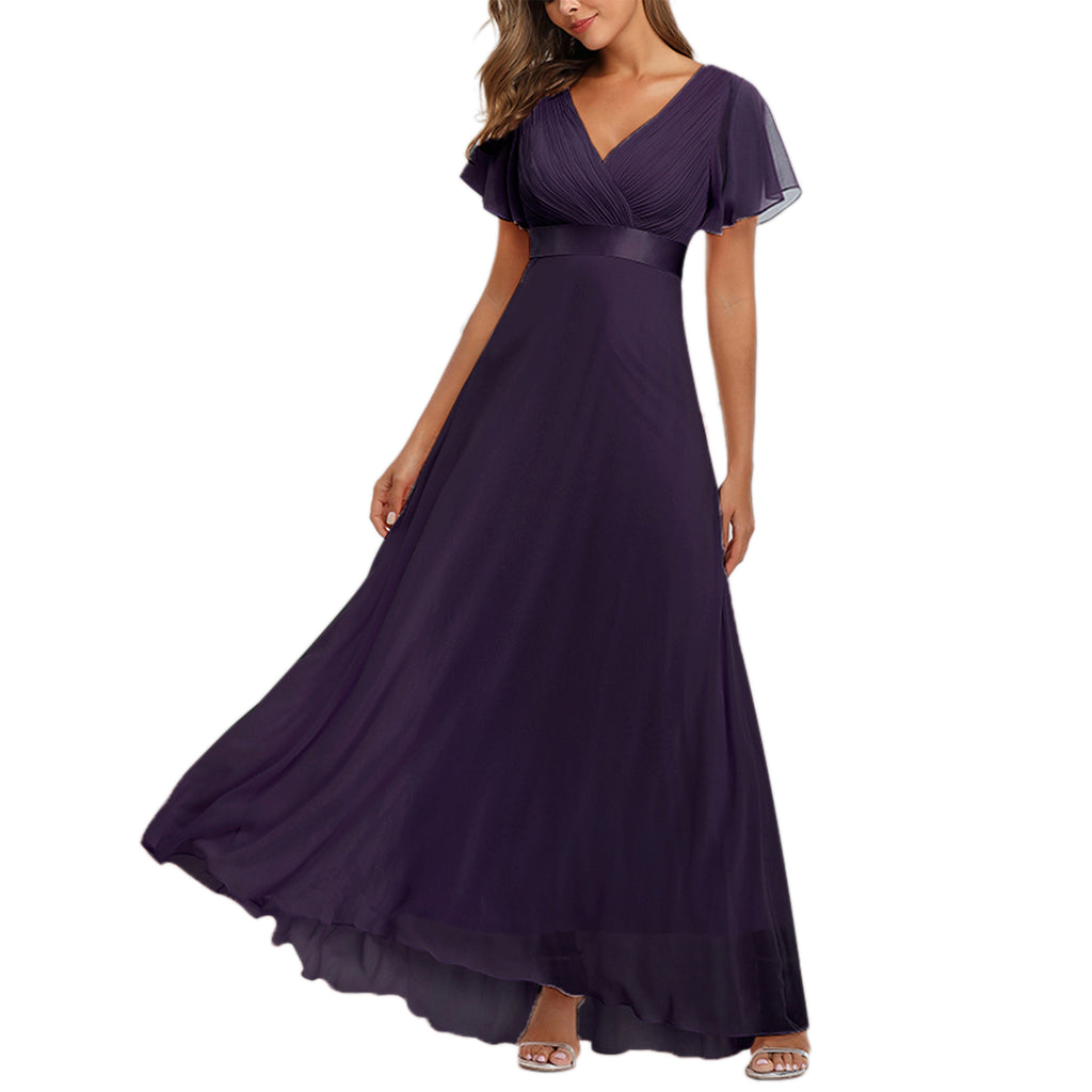 ROMANCE VICTORY Women's Short Sleeve V Neck Floor-length Empire Waist Bridesmaid Prom Dress