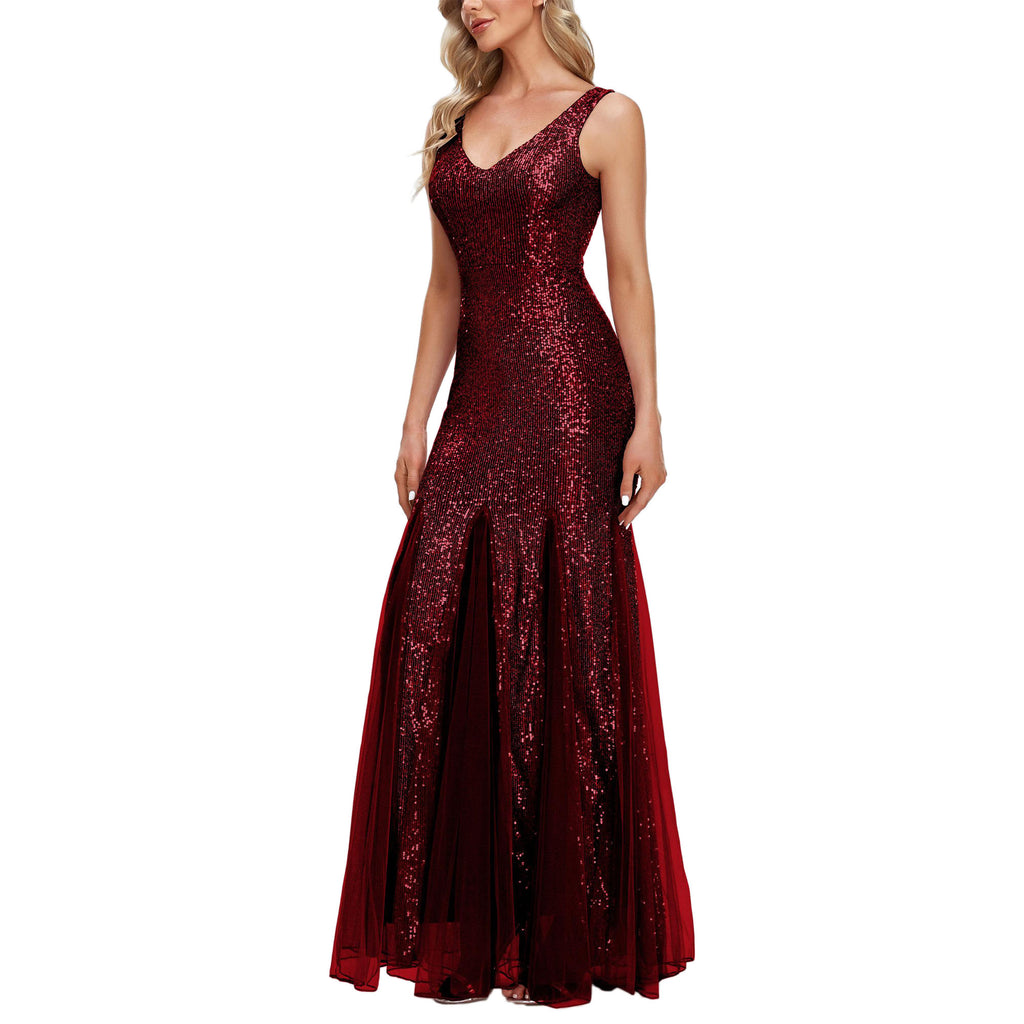 ROMANCE VICTORY Women's Sexy V-Neck Sleeveless Shinning Sequins Tulle Evening Mermaid Bridesmaid Cocktail Prom Dress