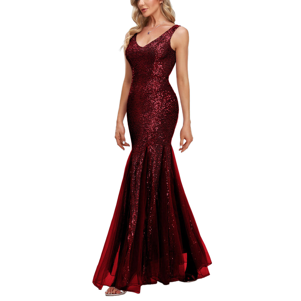 ROMANCE VICTORY Women's Sexy V-Neck Sleeveless Shinning Sequins Tulle Evening Mermaid Bridesmaid Cocktail Prom Dress