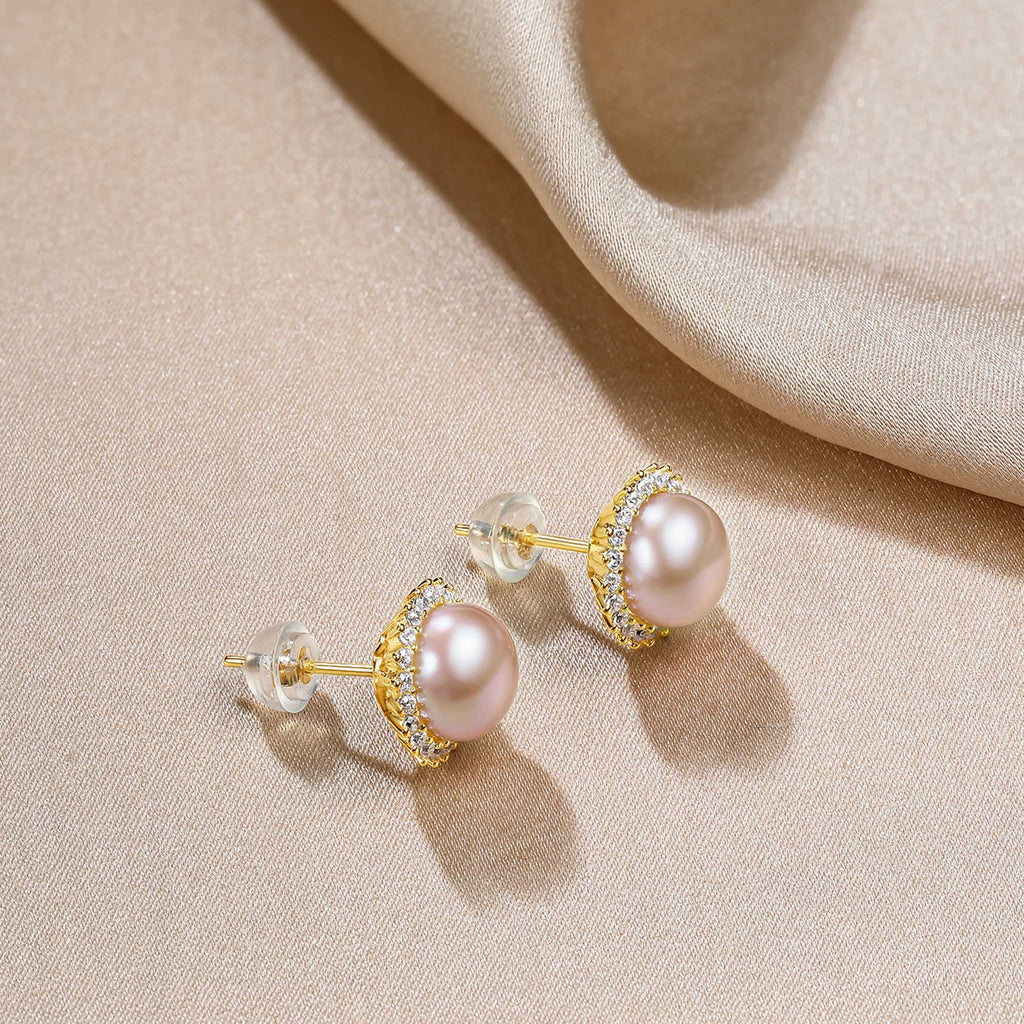 RVLA Romance Victory 18k Yellow Gold Plated S925 Sterling Silver 8-9mm Freshwater Pink Purple Pearls Cubic Zirconia Earrings