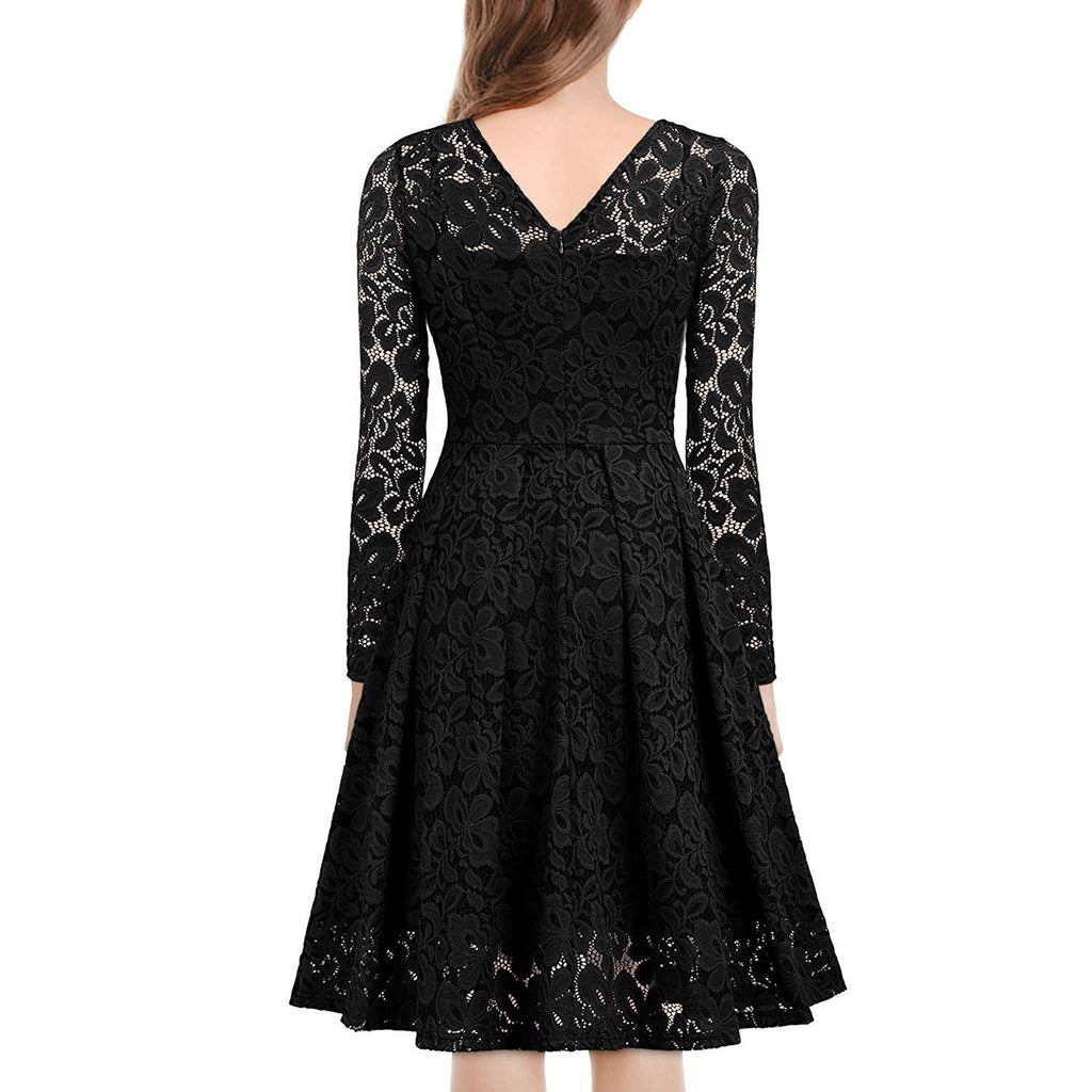 ROMANCE VICTORY Women's V Neck Long Sleeve Vintage Floral Lace Party Cocktail Pencil Dress