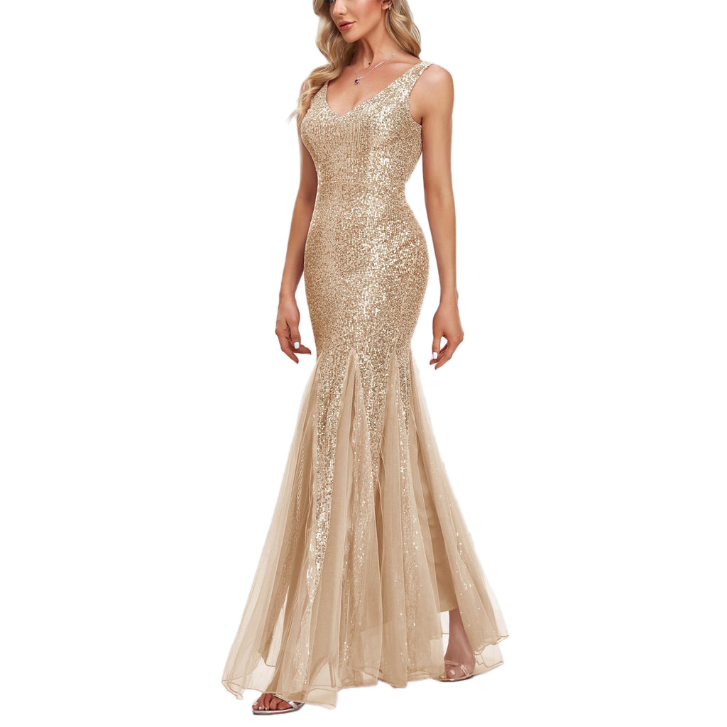 ROMANCE VICTORY Women's Sexy V-Neck Sleeveless Shinning Sequins Tulle Evening Mermaid Bridesmaid Cocktail Prom Dress