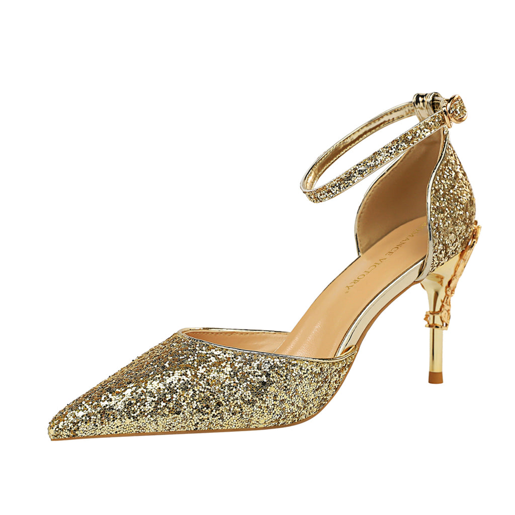 ROMANCE VICTORY Women s Shiny Sequins Buckle Pointed Toe High Heels Pu