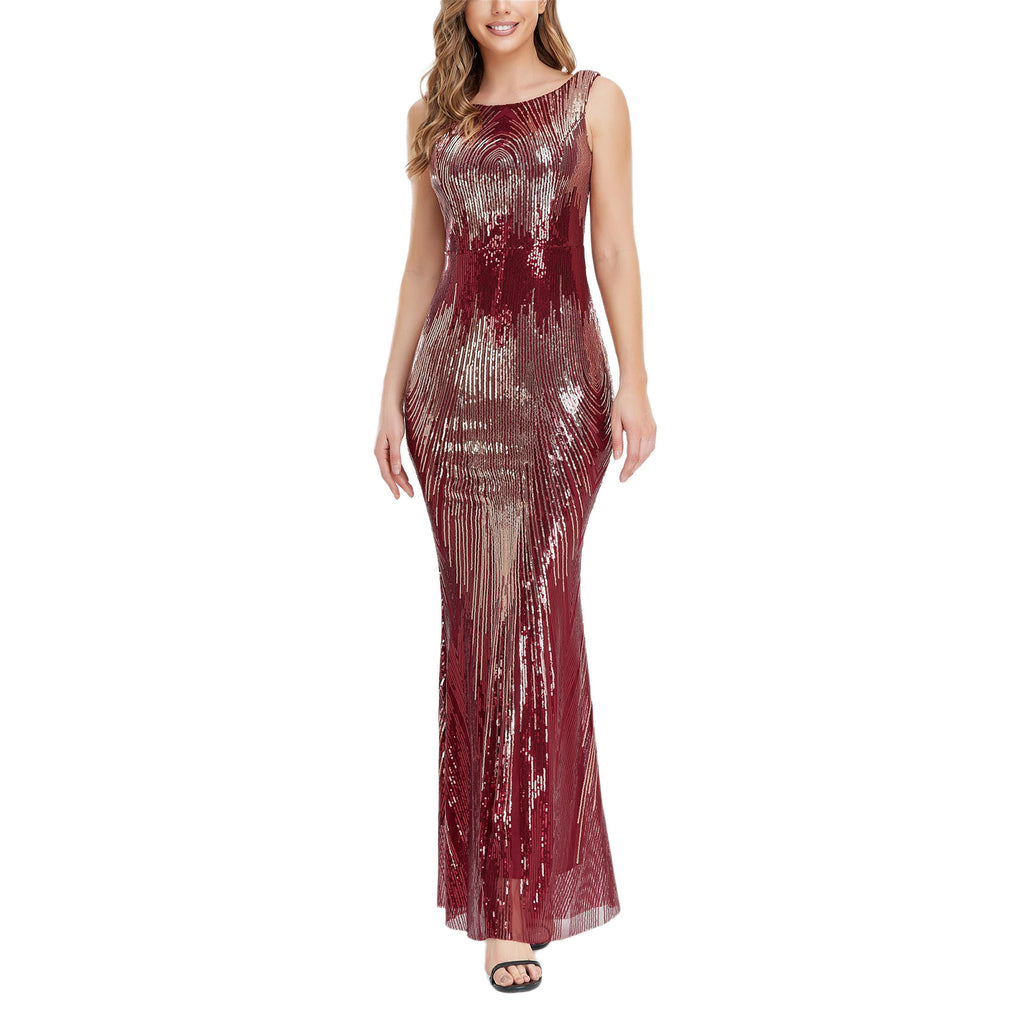 ROMANCE VICTORY Women's Round Neck Sleeveless Shinning Sequins Elegant Mermaid Evening Dress