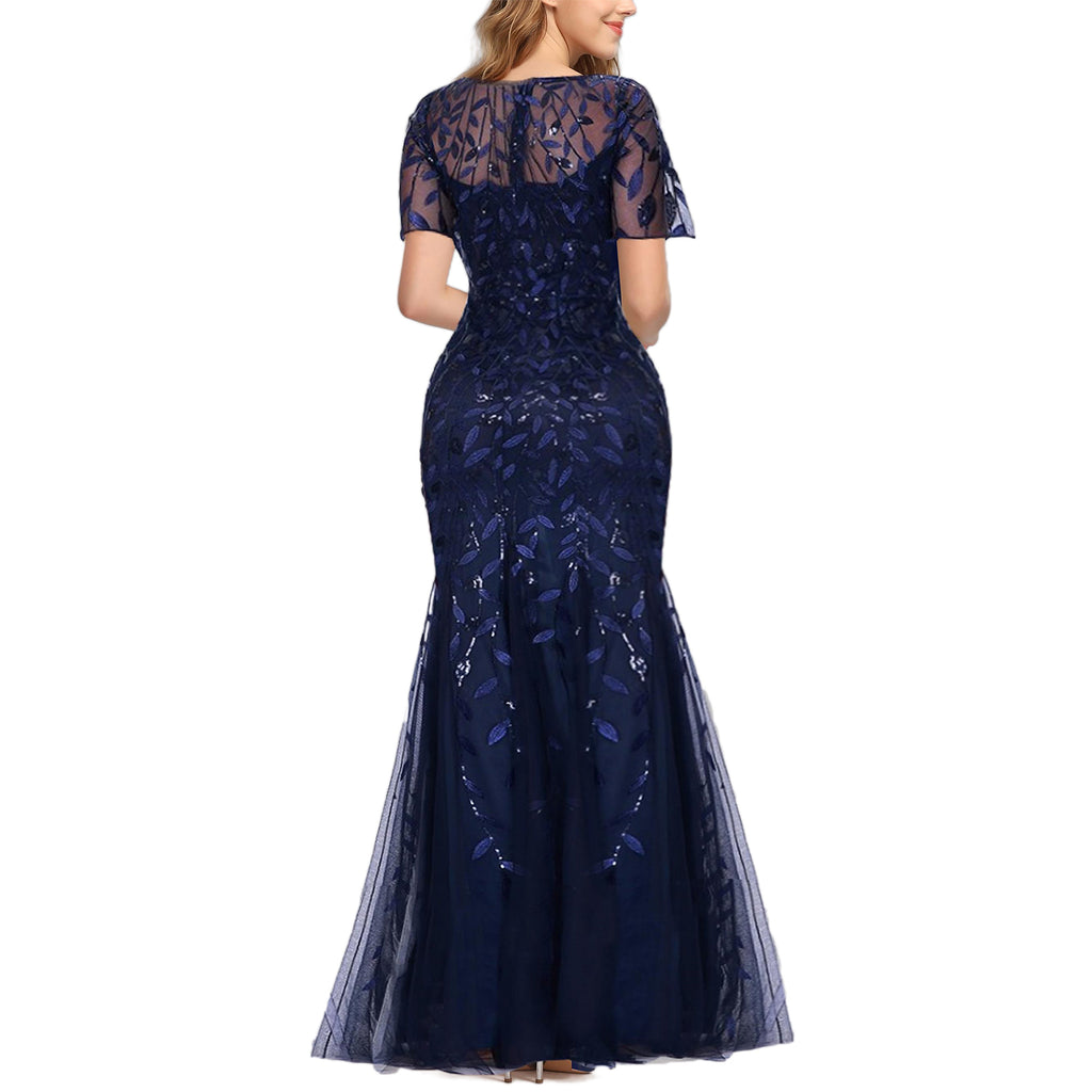 ROMANCE VICTORY Women's Short Sleeve Round Neck Tulle Embroidery Mermaid Bridesmaid Prom Dress