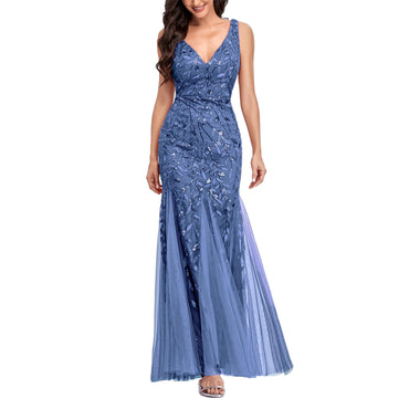 ROMANCE VICTORY Women's Sleeveless V-neck Tulle Embroidery Sequins Cocktail Mermaid Bridesmaid Dress