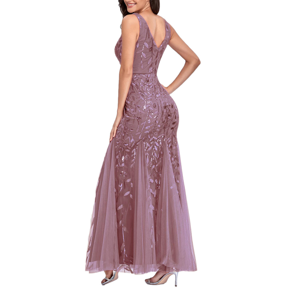 ROMANCE VICTORY Women's Sleeveless V-neck Tulle Embroidery Sequins Cocktail Mermaid Bridesmaid Dress