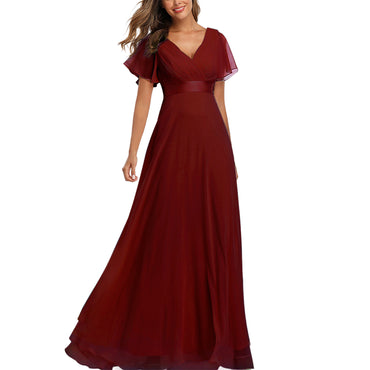 ROMANCE VICTORY Women's Short Sleeve V Neck Floor-length Empire Waist Bridesmaid Prom Dress