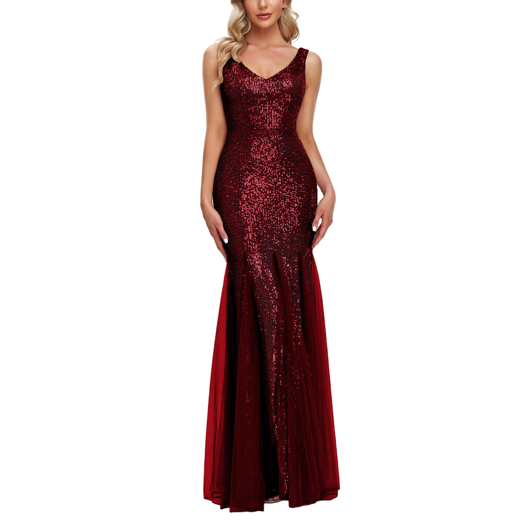 ROMANCE VICTORY Women's Sexy V-Neck Sleeveless Shinning Sequins Tulle Evening Mermaid Bridesmaid Cocktail Prom Dress
