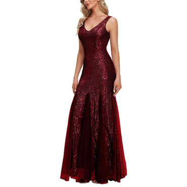 ROMANCE VICTORY Women's Sexy V-Neck Sleeveless Shinning Sequins Tulle Evening Mermaid Bridesmaid Cocktail Prom Dress