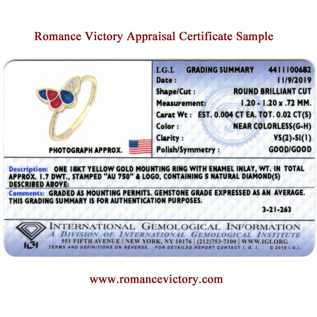 IGI Certified RVLA Romance Victory enamel gold diamond ring Butterfly