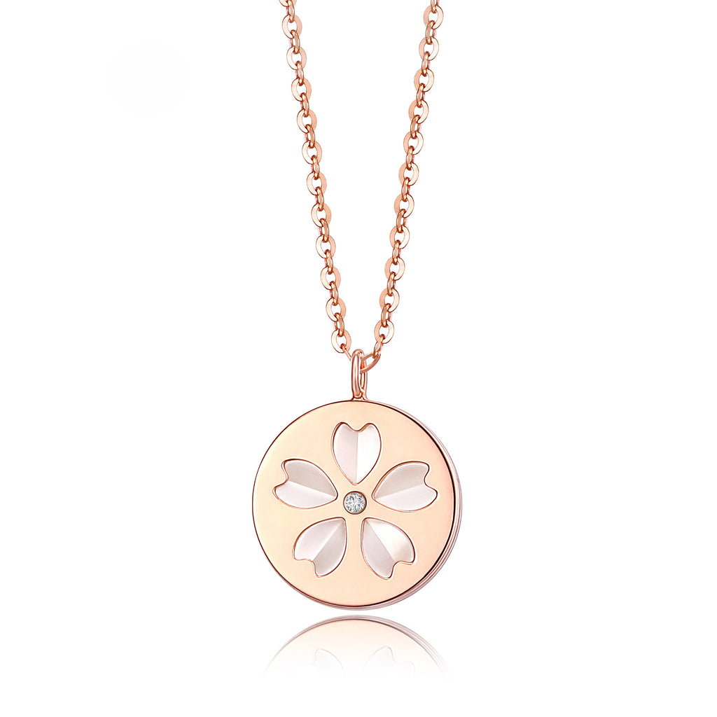 RVLA Romance Victory 18k Solid Rose Gold Mother-of-Pearl Diamond Cherry Blossoms Necklace, 18"(16"+2" extender)