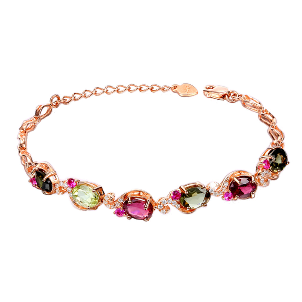 RVLA Romance Victory 18k Rose Gold Plated S925 Sterling Silver Natural Tourmaline(3.6cttw) Cubic Zirconia Bracelet, 7.9”(5.6"+2.3" extender)