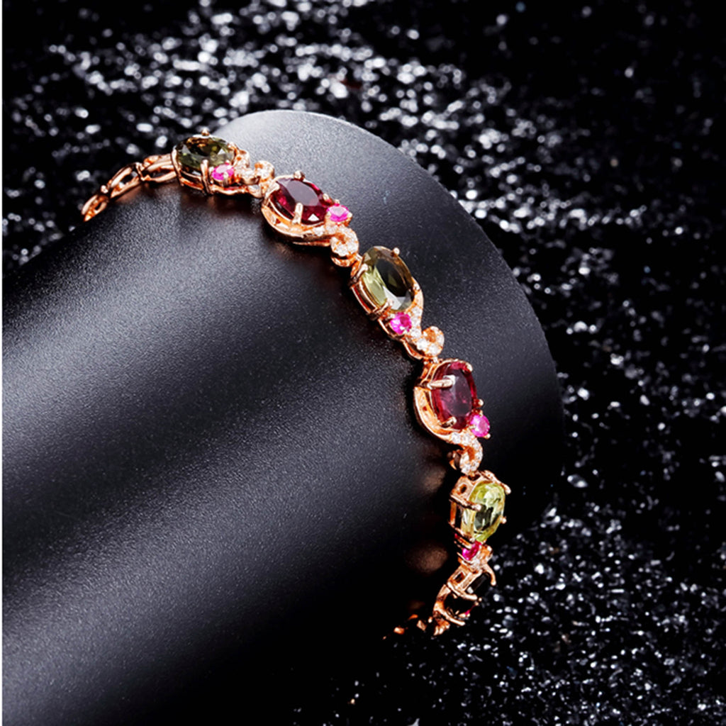 RVLA Romance Victory 18k Rose Gold Plated S925 Sterling Silver Natural Tourmaline(3.6cttw) Cubic Zirconia Bracelet, 7.9”(5.6"+2.3" extender)