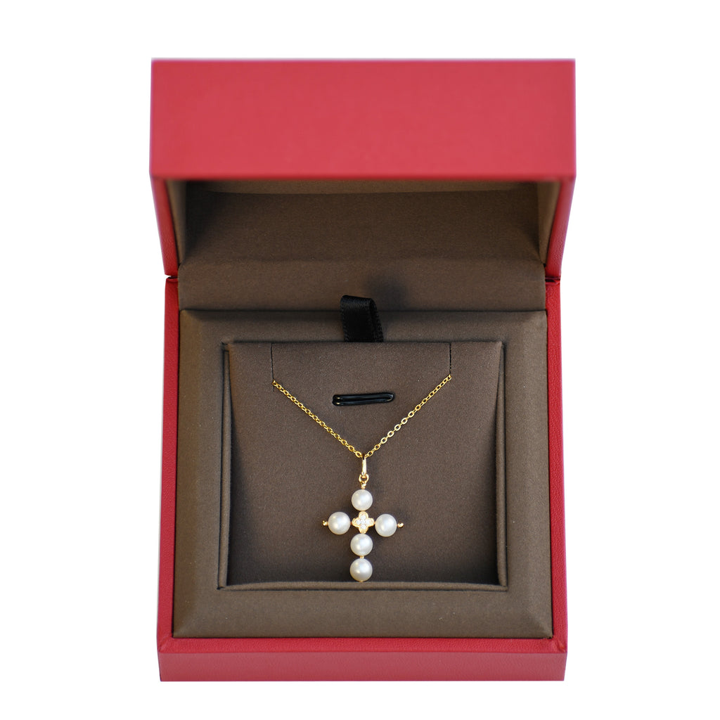 RVLA Romance Victory 18k Yellow Gold Plated Sterling Silver Cubic Zirconia White Freshwater Cultured Pearls Cross Necklace