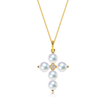 RVLA Romance Victory 18k Yellow Gold Plated Sterling Silver Cubic Zirconia White Freshwater Cultured Pearls Cross Necklace
