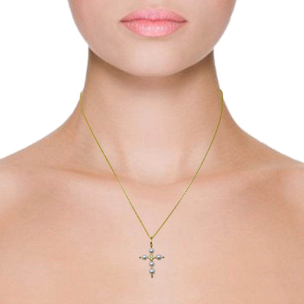 RVLA Romance Victory 18k Yellow Gold Plated Sterling Silver Cubic Zirconia White Freshwater Cultured Pearls Cross Necklace