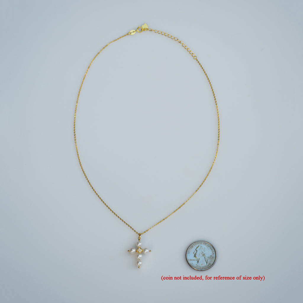 RVLA Romance Victory 18k Yellow Gold Plated Sterling Silver Cubic Zirconia White Freshwater Cultured Pearls Cross Necklace