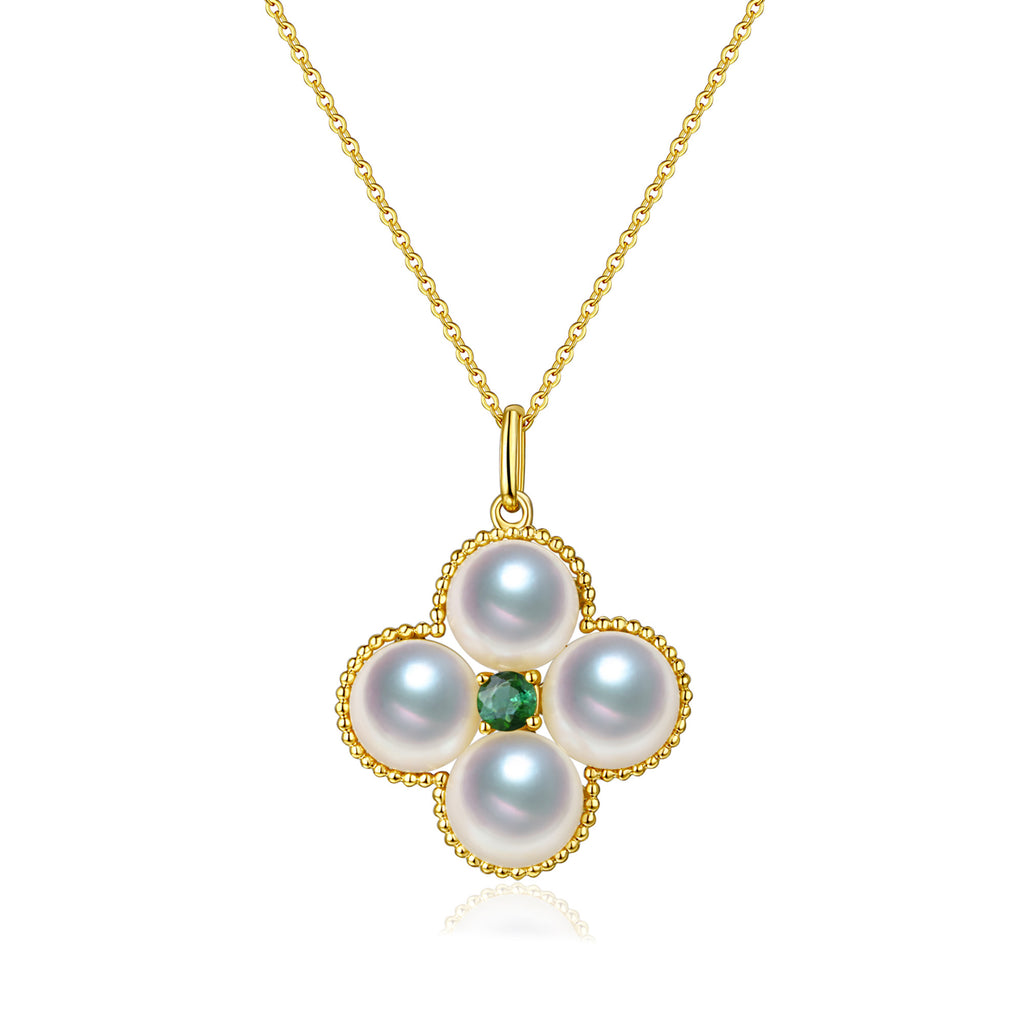 RVLA Romance Victory 18k Yellow Gold Plated Sterling Silver Cubic Zirconia White Freshwater Cultured Pearls Four Leaf Clover Necklace
