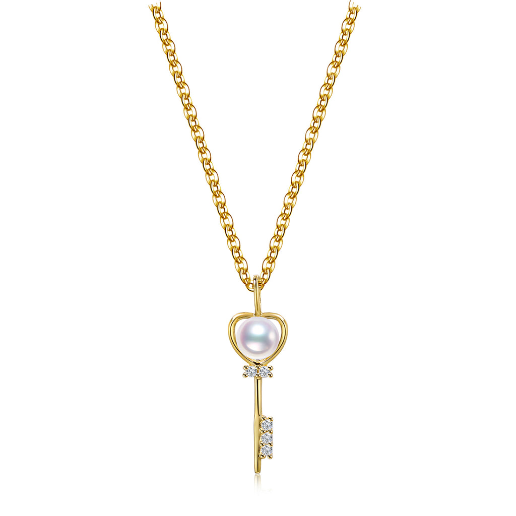 RVLA Romance Victory 18k Yellow Gold Plated Sterling Silver Cubic Zirconia White Freshwater Cultured Pearl Key Necklace, 18” (16"+2” extender)